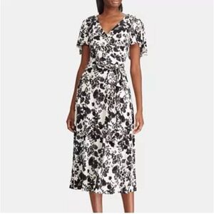 Lauren Ralph Lauren Midi Dress Floral Black and White Elegant Feminine  Sz 16